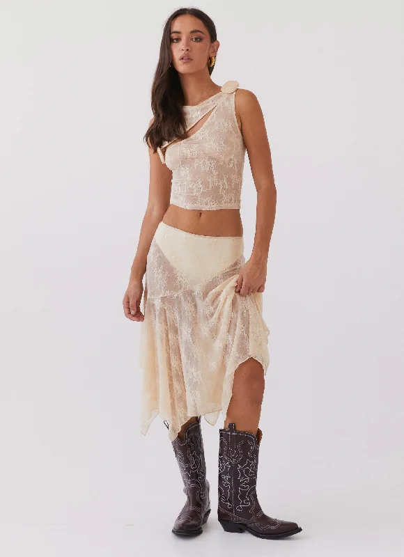Nakia Lace Midi Skirt - Ivory velvet skirt plush
