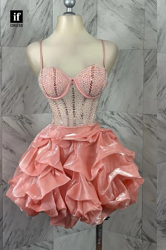 F1482 - Unique Spaghetti Straps Ruched Beads Short Homecoming Party Dress Tunics Versatile stylish