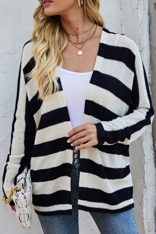 WOMEN OPEN FRONT STRIPE PATTERN KNIT CARDIGAN Hooded Cardigan Collared Cardigan Shawl Collar
