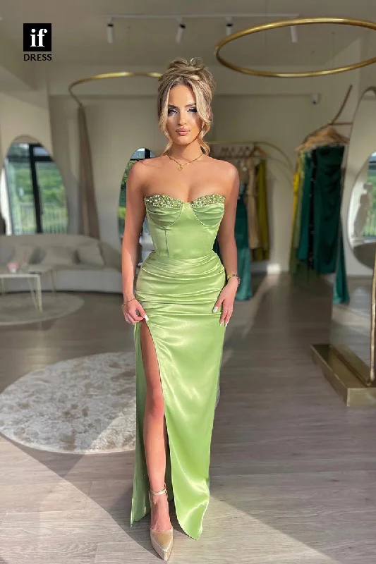 34813 - Classy Strapless Pelats Beads Side Slit Prom Evening Party Dress Glittery Long Formal