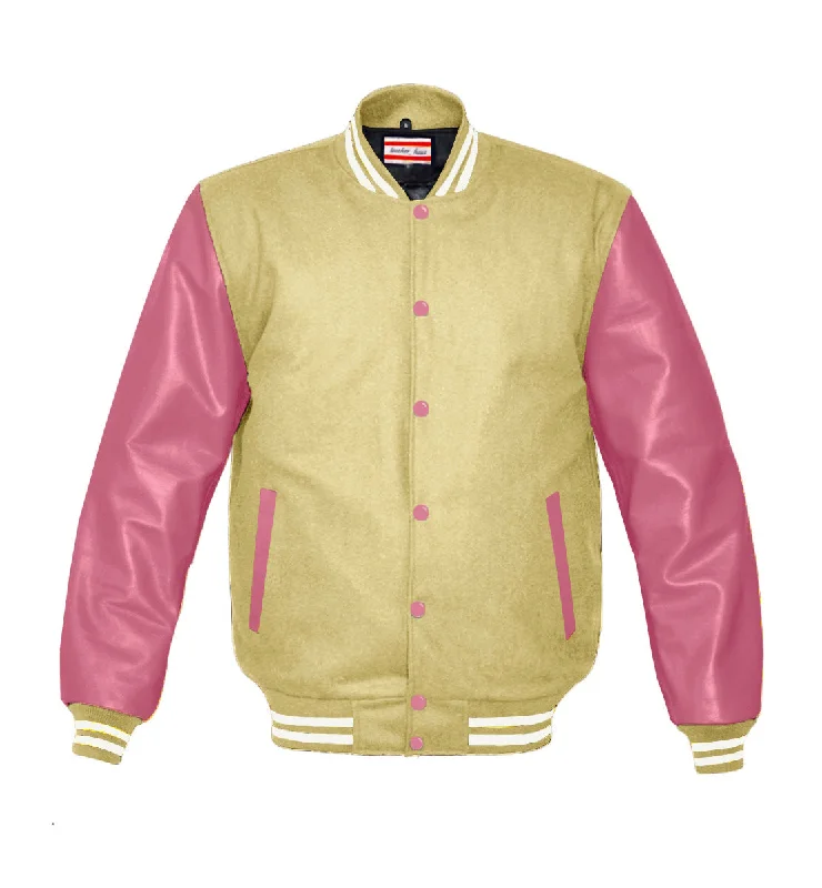 Superb Genuine Pink Leather Sleeve Letterman College Varsity Women Wool Jackets #PKSL-WSTR-PKB Belted Jacket Elasticated Jacket Padded Jacket