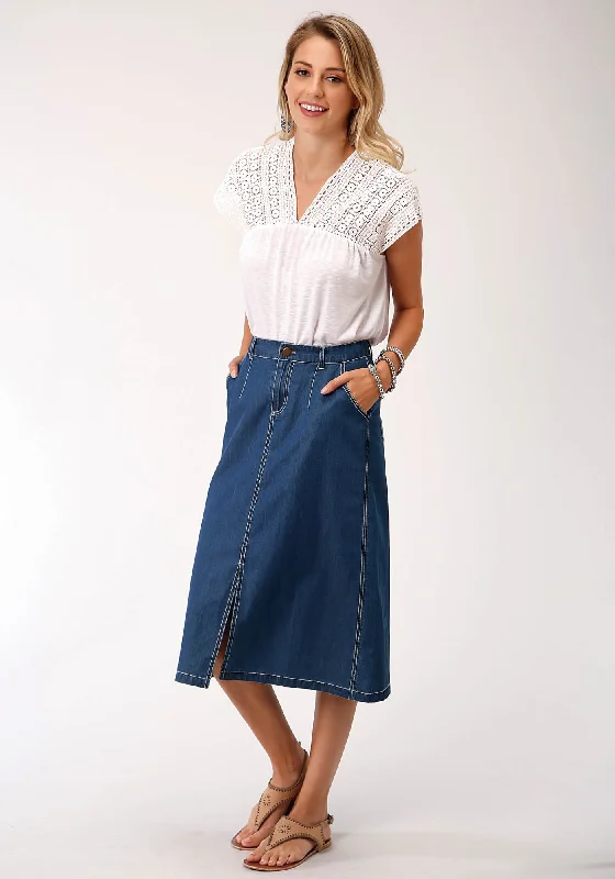 Roper Womens Denim Blue 100% Cotton 28in Straight Skirt silk skirt smooth