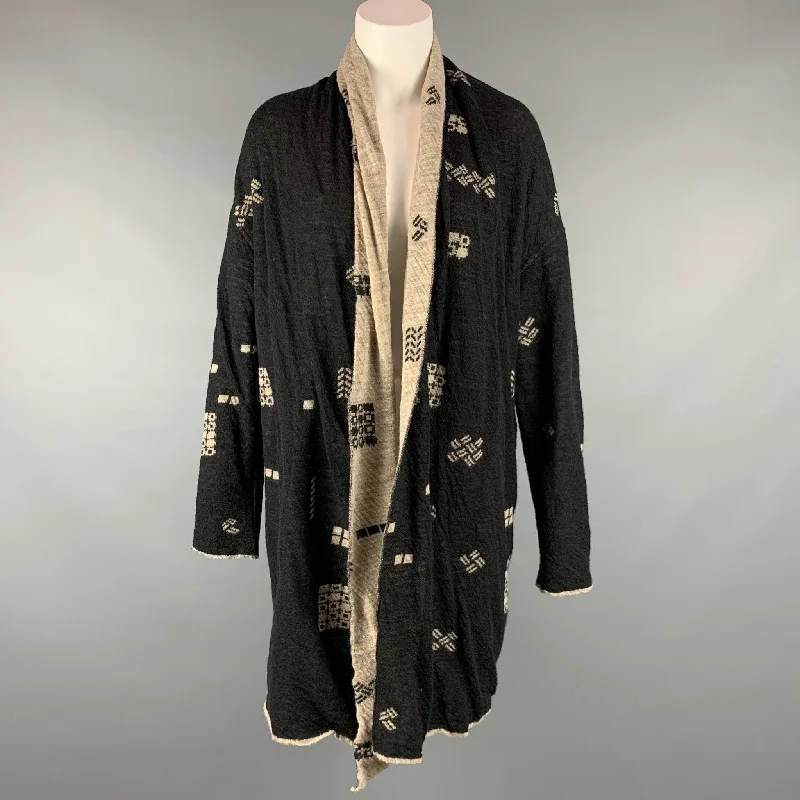 FUGA FUGA Size M Black & Taupe Knitted Abstract Wool Cardigan Striped Floral Plaid