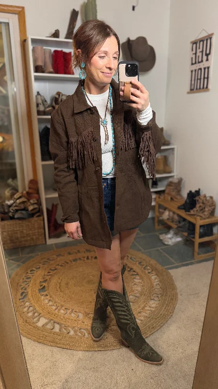 Tina Denim Fringe Jacket [Espresso] Tiered Jacket Buttoned Jacket Zippered Jacket