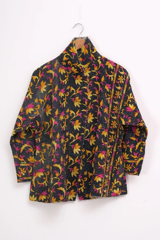 Black Yellow Vintage Cotton Kantha Jacket Boat Neck Shawl Collar Notched Collar