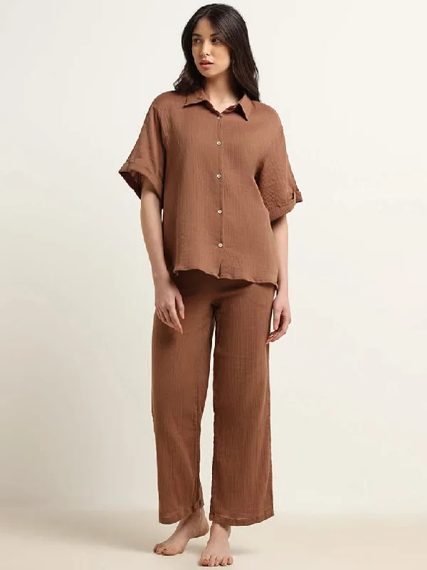 Wunderlove Brown Cotton Crinkled Relaxed Beach Pants Classic Straight Pants