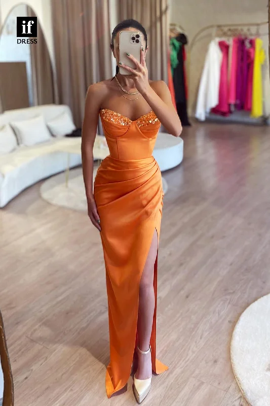 34810  - Modern Strapless V-Neck Pleats Sheath Side Slit Prom Party Dress Pencil Length Work