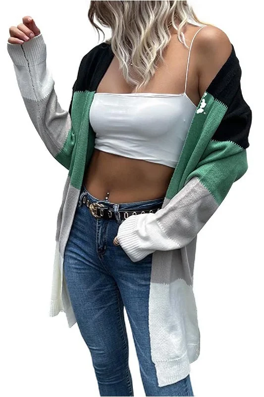 COLOR BLOCK OPEN FRONT CASUAL CARDIGAN Soft Cozy Warm
