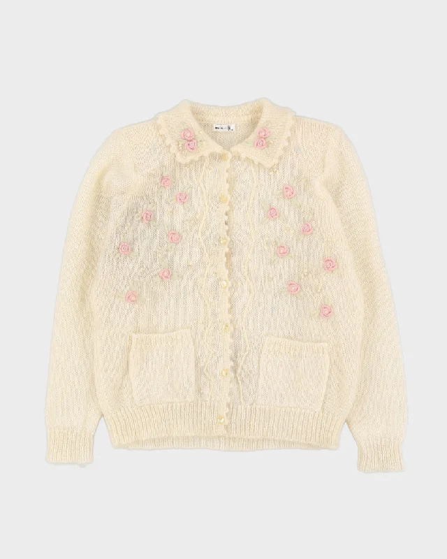 Y2K Cream Floral Knitted Cardigan - M Hooded Caped Shawl Collar