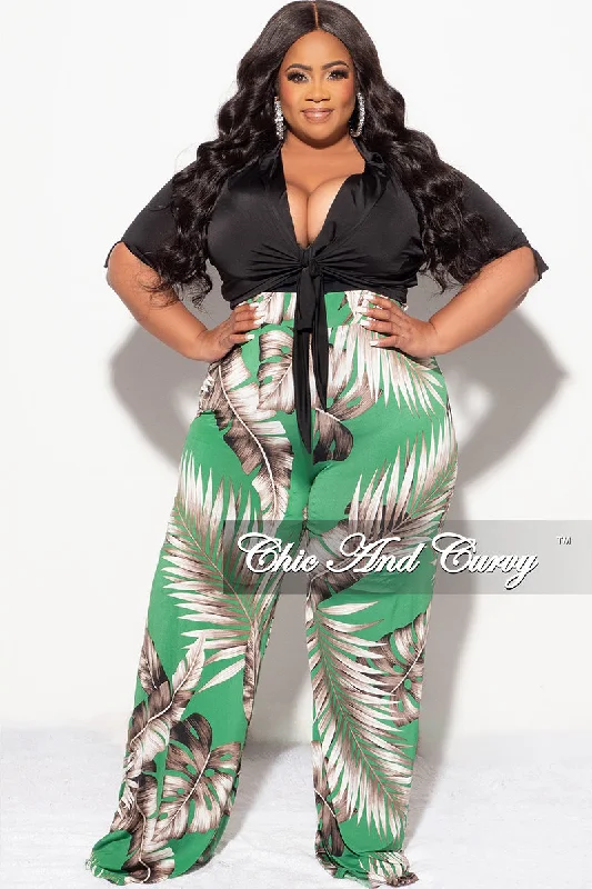 Final Sale Plus Size 2pc Black Collar Crop Tie Top and Pants Set in Green Leaf Print Modern Bootcut Pants