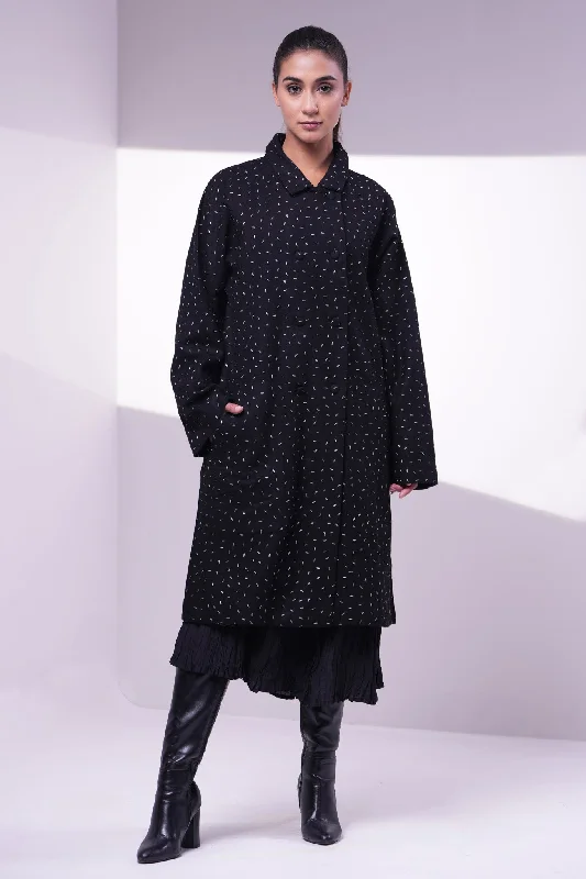 Black Wool Embroidered Jacket Notch Collar Peter Pan Collar Cowl Neck