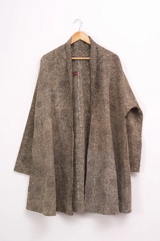Dark Beige Vintage Cotton Kantha Jacket Notch Collar Jacket Peter Pan Collar Jacket Cowl Neck Jacket