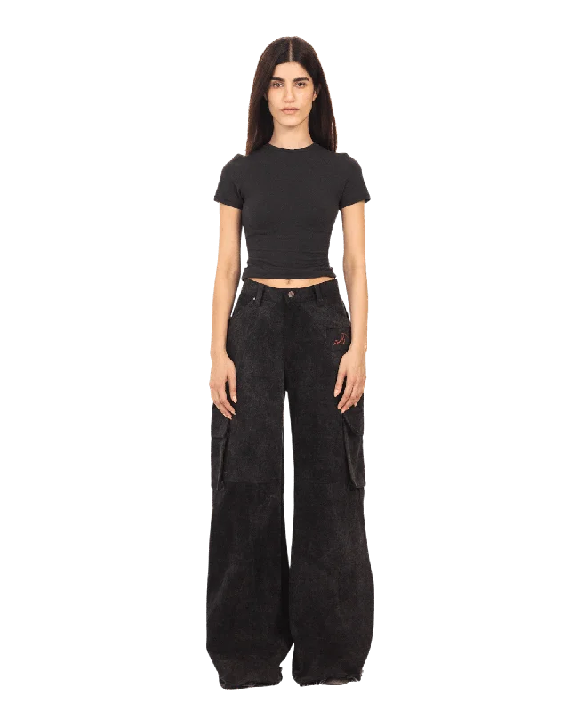 BLACK ACID WASH DENIM CARGO PANTS Comfortable Fleece Pants