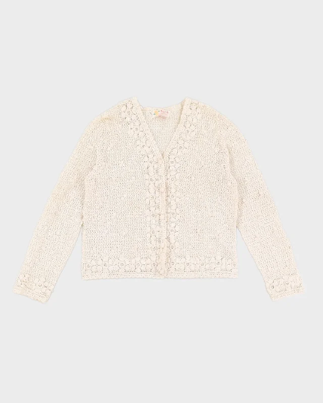 Vintage 70s Cream Crochet Cardigan - S/M Chenille Blend Fleece Blend Nylon Blend