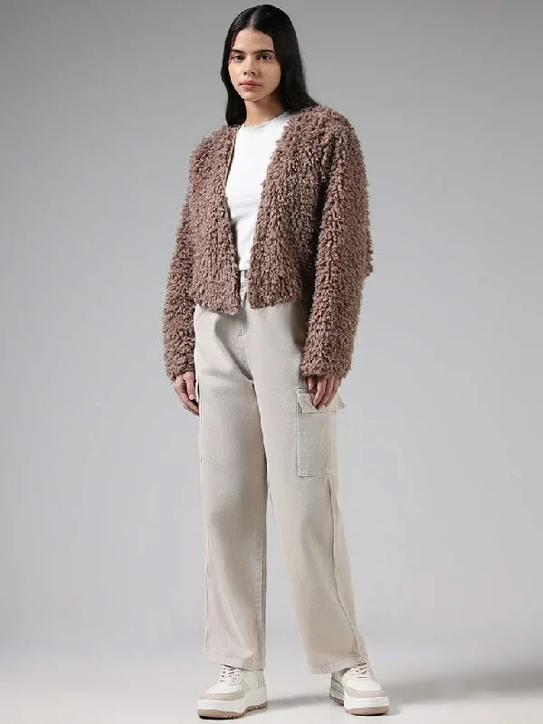 Nuon Brown Plush Fur Crop Cardigan Seamless Knitted Crochet
