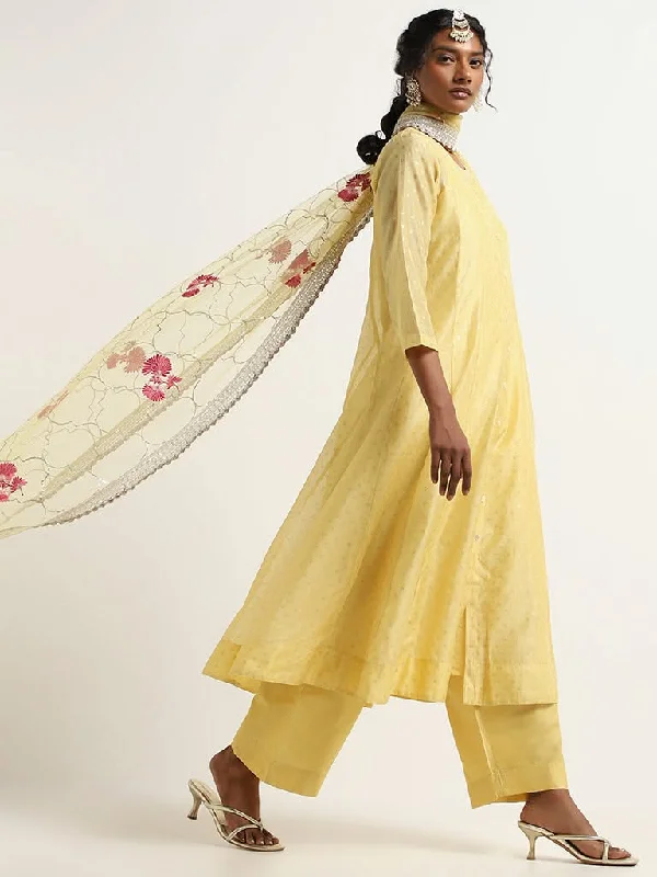 Vark Yellow Printed Cotton Kurta, Pants and Dupatta Set Trendy Wide-Legged Trousers