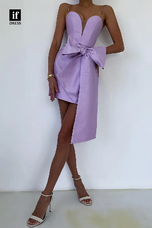 F1709 - Unique Spaghetti Straps V-Neck Bow-Knot Mini Cocktail Homecoming Party Dress Tunics Stylish modern