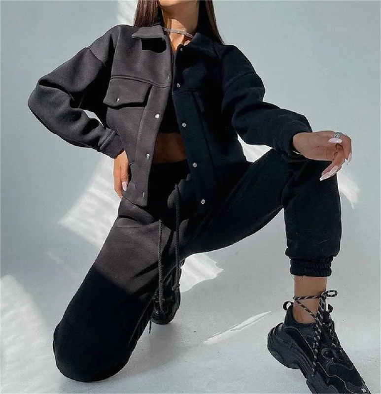 Women Solid Color Long-Sleeved Jacket And Pants 2pcs Set Herringbone Jacket Checkered Jacket Solid Jacket