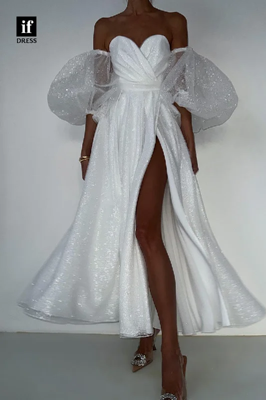 34860 - Adorable Strapless A-LIne Puff Sleeves Prom  Formal Party Dress with Slit Tunics Practical durable