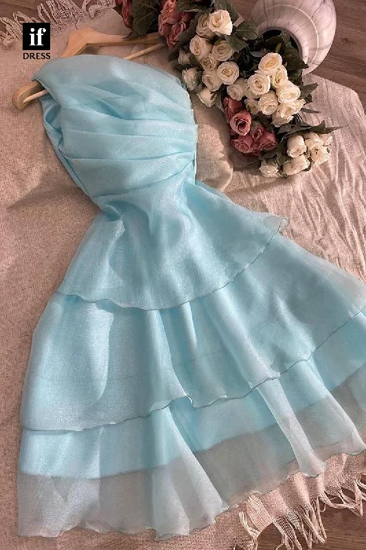 F1703 - Sweet One Shoulder Ruched Tulle Short Cocktail Homecoming Party Dress Tunics Luxurious premium