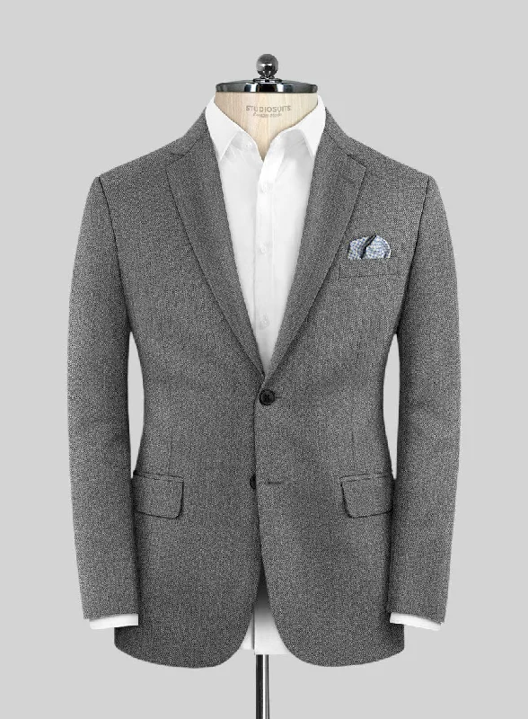 Scabal Lauchi Herringbone Gray Wool Jacket Toggled Jacket Drawstring Jacket Belted Jacket