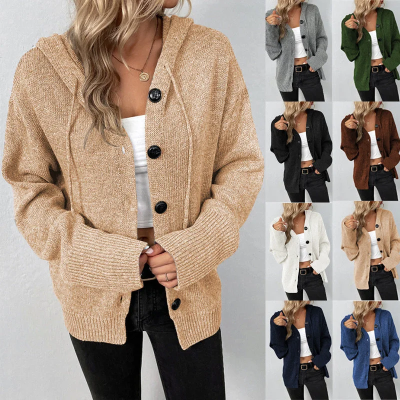 Drawstring Knitted Cardigan Coat Women's Hooded Single-breasted Sweater Spandex Blend Rayon Blend Denim Blend