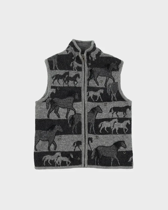 Grey Horse Patterned Sleeveless Cardigan - S Seamless Knitted Crochet