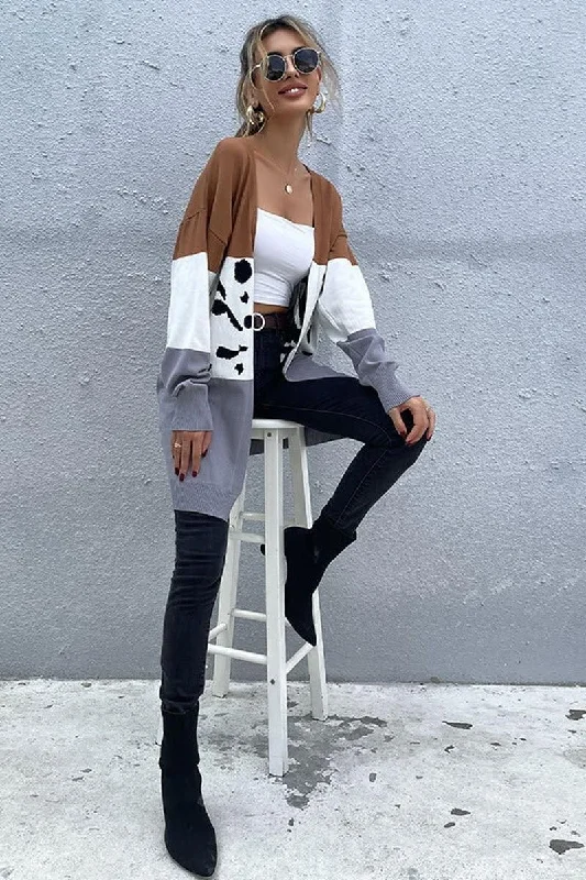 WOMEN LEOPARD COLOR BLOCK OPEN FRONT LONG CARDIGAN Striped Floral Plaid