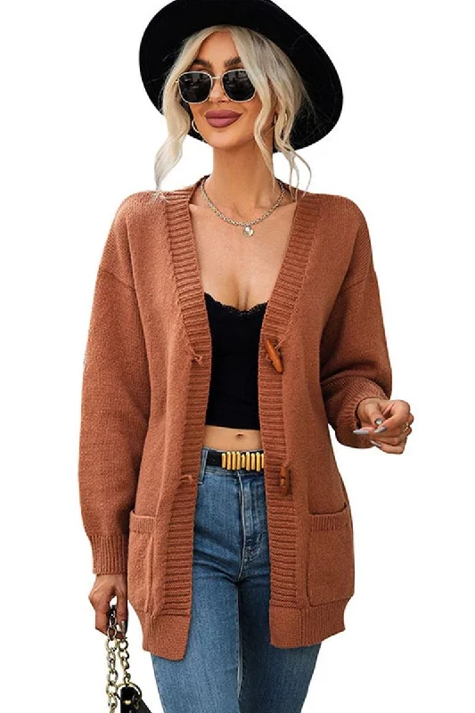 TOGGLE CLOSURE RIBBED CARDIGAN WITH POCKETS Handmade Hand-knitted Hand-woven
