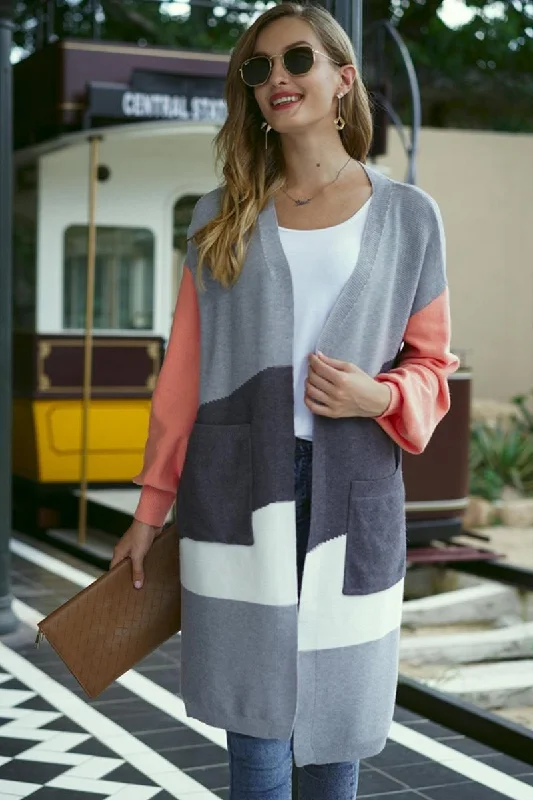 OPEN FRONT COLOR BLOCK LONG CARDIGAN COAT Toggled Drawstring Belted