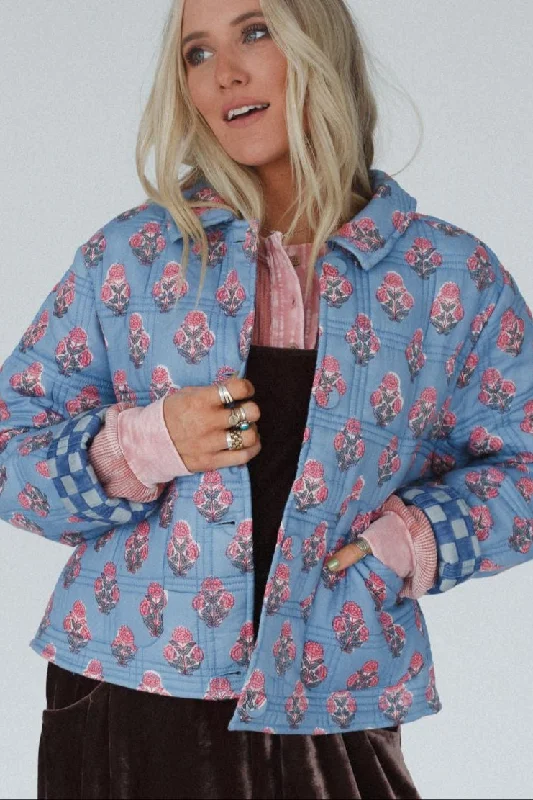 Endless Path Floral Checkered Jacket - Blue Tailored Jacket Straight Jacket A-Line Jacket