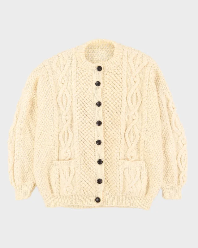 Cream Wool Hand-Knitted Cardigan - L Fitted Loose Oversized