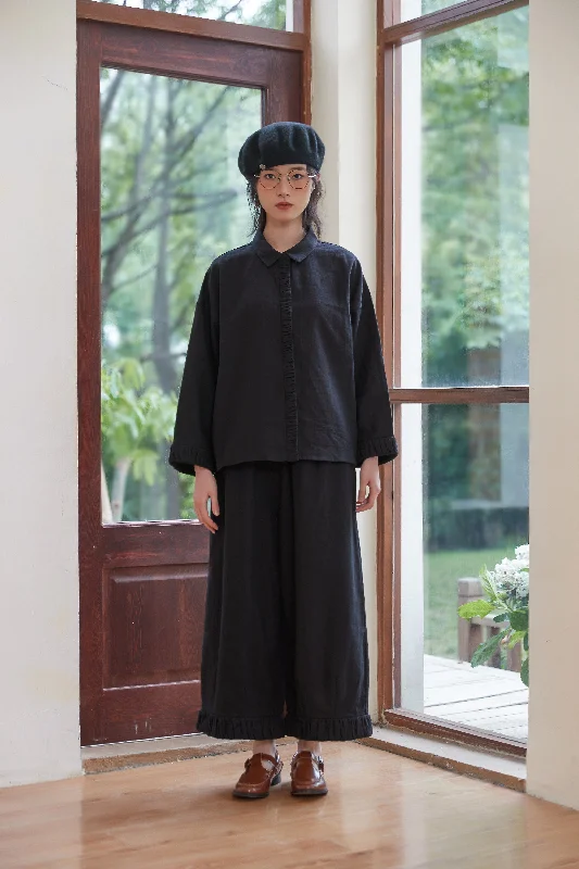 Wide Linen Cotton Pants with Gathered Hem Set-Up Item Trendy Work Pants