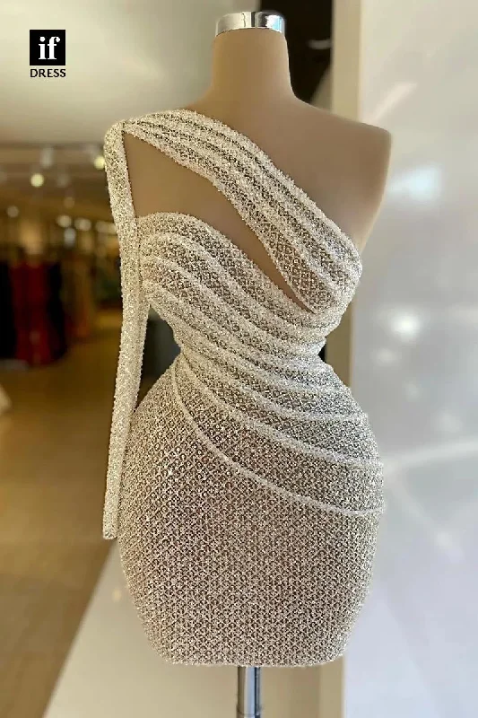 F1817 -Sheer One Shoulder Pleats Tight Short Cocktail Homecoming Party Dress Tunics Wedding white F1817 -Sheer One Shoulder Pleats Tight Short Cocktail Homecoming Party Dress Tunics Wedding white
