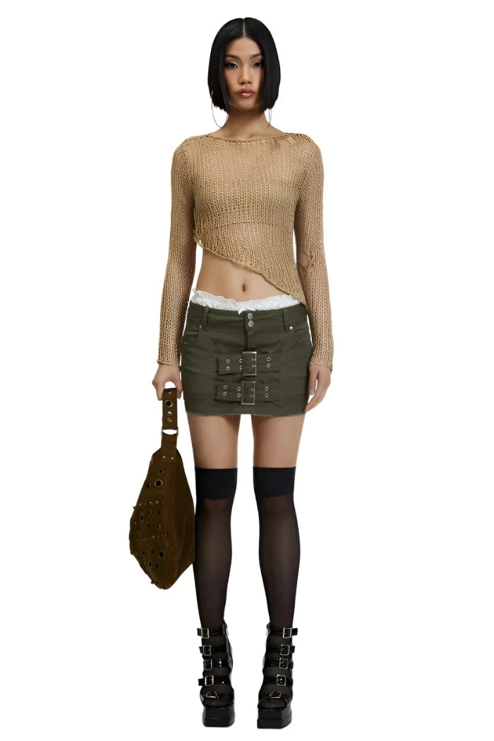 THE KRIPT - "Caspar" Cargo Skirt - Olive - Low Rise silk skirt lustrous
