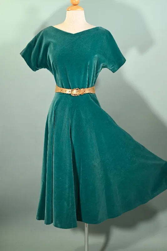 Vintage Teal Velvet Fit & Flare Party Dress, 26" W Size S Tunics Distressed trendy
