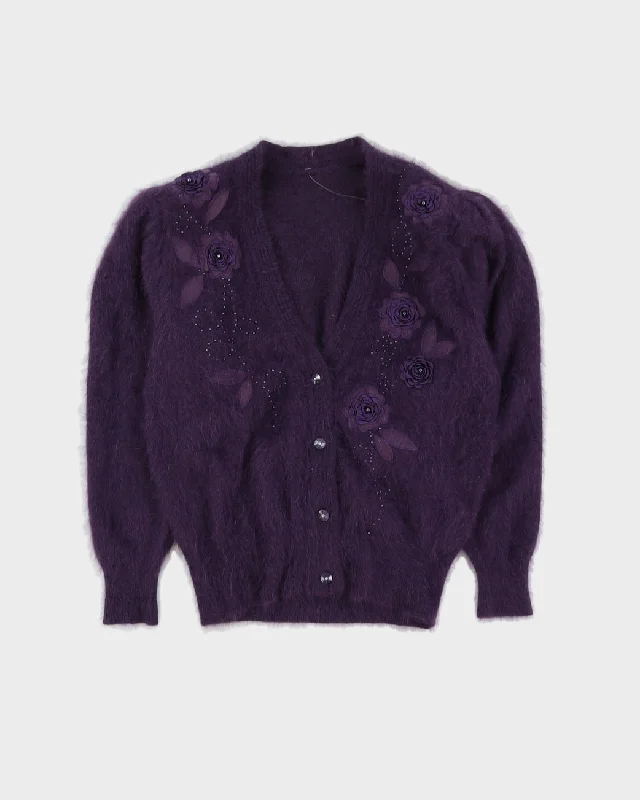 Purple Angora Floral Knitted Cardigan - M Satin Blend Silk Blend Wool Blend