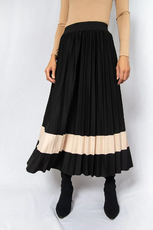 Black Loose Pleated Midi Skirt with Contrast Beige relaxed fit skirt
