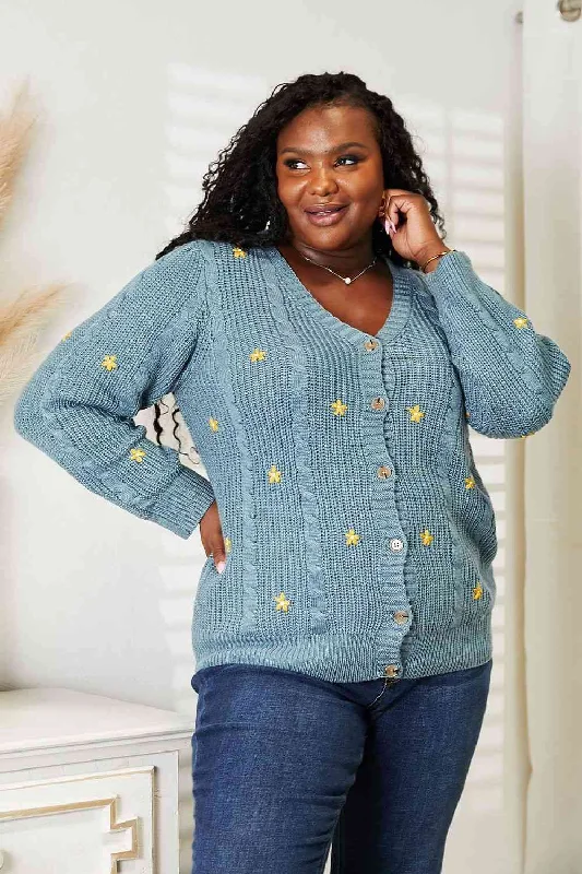 HEYSON Full Size Floral Embroidered Cable Cardigan Zippered Buttoned Snapped