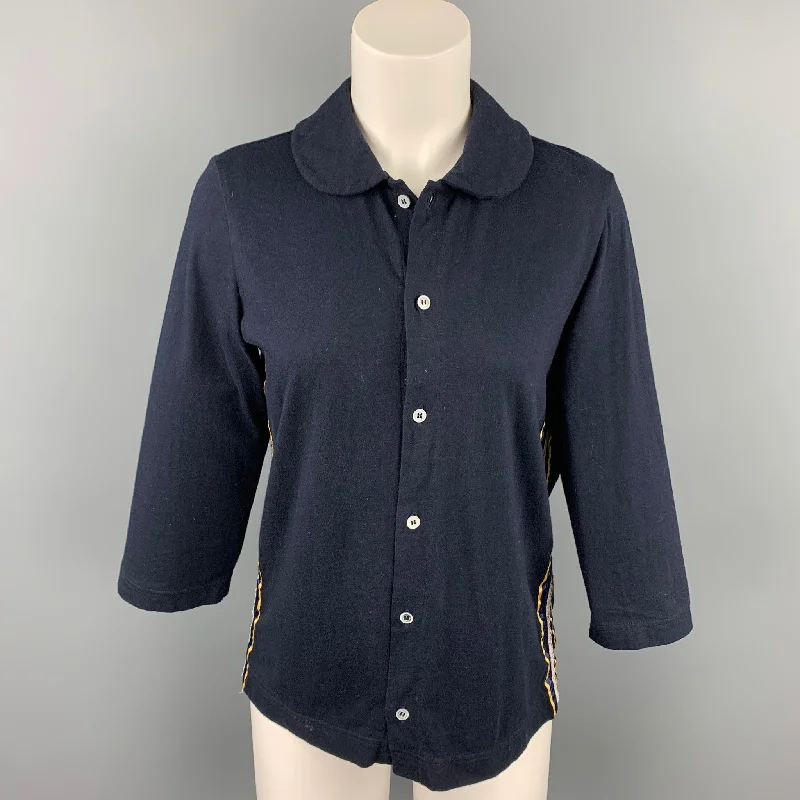 COMME des GARCONS TRICOT Size M Navy Stripe Trim Cotton Cardigan Open Front Closed Front Wrap Front