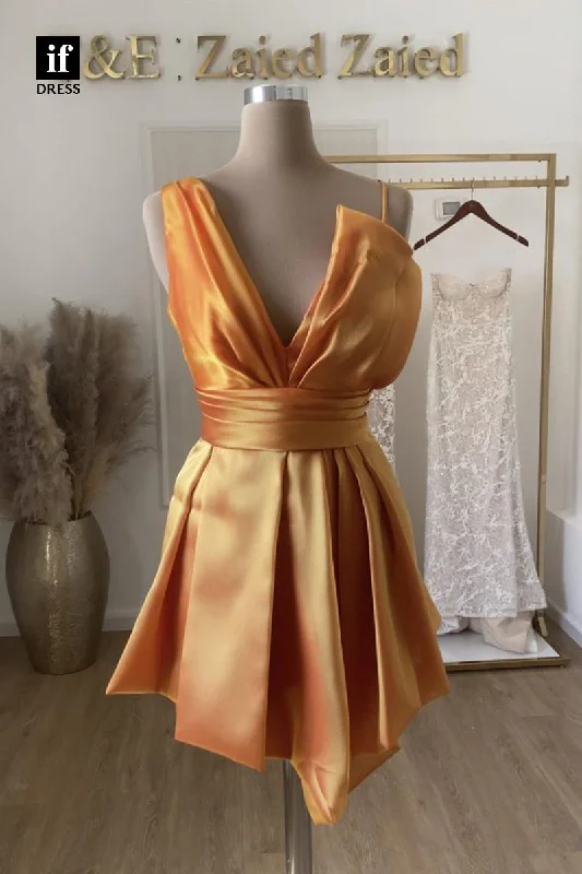 F1875 - Classy Straps V-Neck A-Line Pleates Short Cocktail Homecoming Party Dress Satin Halter Glamorous