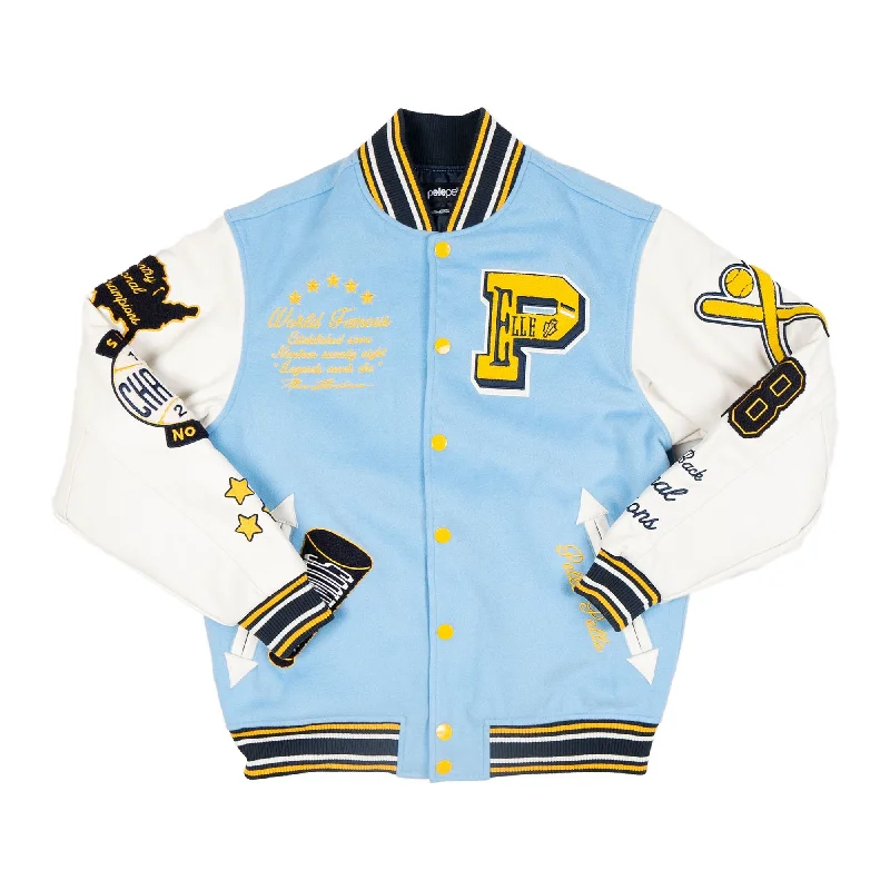 Pelle Pelle World Famous Wool and Leather Varsity Jacket - Blue Boat Neck Shawl Collar Notched Collar