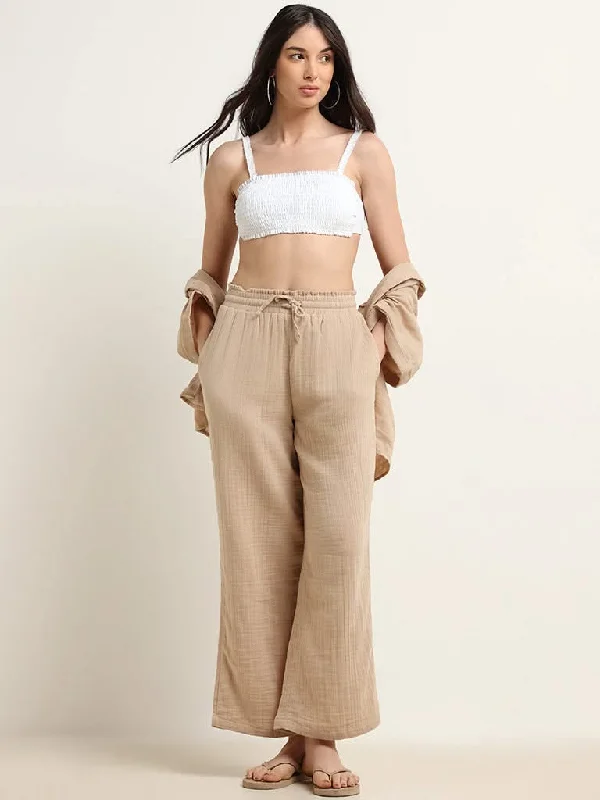 Wunderlove Beige Cotton Crinkled Relaxed Beach Pants Relaxed Linen Pants