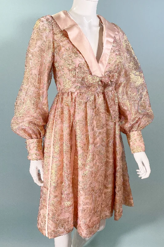 Vintage 60s Soft Pink Metallic Gold Mod Party Dress, S Off-the-shoulder Bohemian Festive