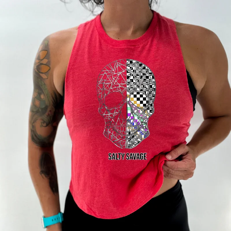 Salty Savage Ladies “Spliced Checkered Geo Skull” Flowy Racerback Crop Tank | Multi-Colored teal tank top