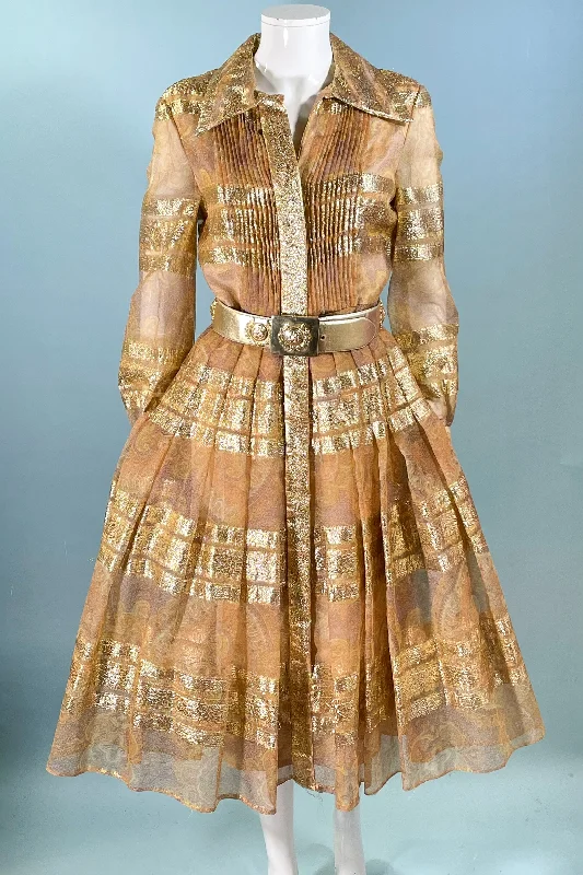 70s Bohemian Gold Accented Party Dress, Indian Ethnic Boho Design 31" W Peplum Ruffle Cocktail
