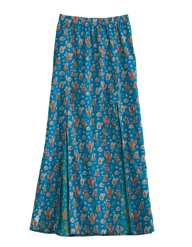 Tin Haul Womens Blue 100% Cotton Cacti Print Maxi Skirt high slit skirt