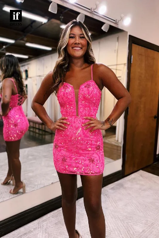 F1778 - Spaghetti Straps Deep V-Neck Appliques Tight Short Cocktail Homecoming Party Dress Boatneck Modish Everyday