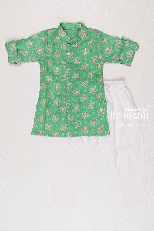 Boys Spring Green Floral Kurta with White Pants Set Elegant Palazzo Trousers