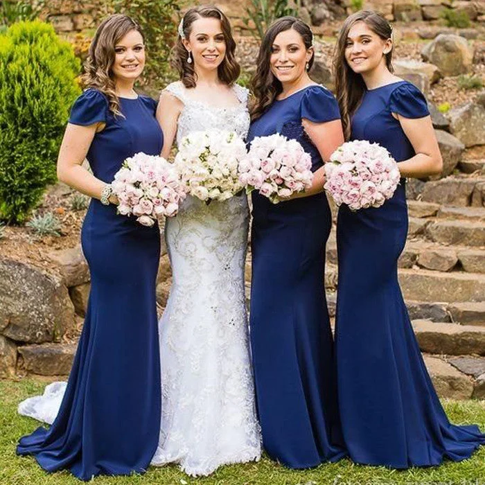 Women Elegant Cap Sleeve Royal Blue Mermaid Long Wedding Party Dresses, WG151 Tunics Solid Classic
